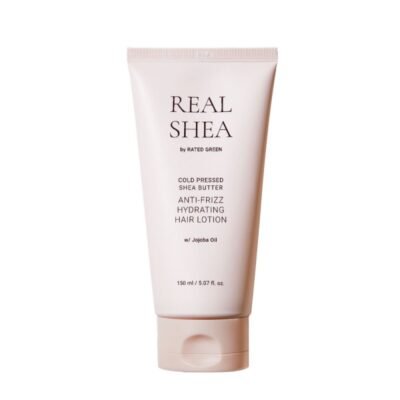REAL SHEA Nenuplaunamas kondicionierius besipučiantiems plaukams “Cold Pressed Shea Butter Anti-Frizz Hair Lotion”